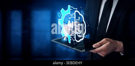 Concept of Artificial Intelligence combining industrial automation with cognitive technology. A machine learning brain processes information to Stock Photo