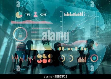 Abstract representation of a business meeting with data visualization and graphs, showcasing teamwork and analytics for informed decision-making Stock Photo