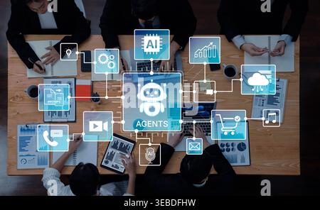 AI agents orchestrate workflows across prompts, media, email and analytics. AI coordinates tasks, strengthens operations, and improves efficiency for Stock Photo