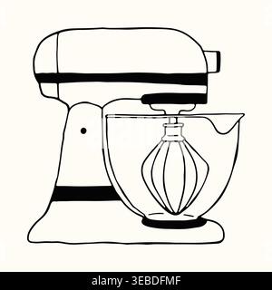 A professional kitchen stand mixer with a whisk attachment is drawn in a minimalist line art style. This hand drawn vector illustration is perfect for Stock Vector
