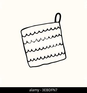 A hand drawn vector illustration of a kitchen potholder with a wave pattern. This cozy minimalist textile accessory is great for home cooking and Stock Vector