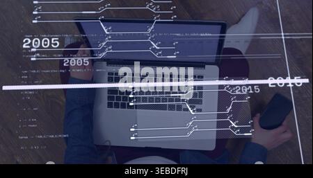 Typing adult female in denim working on laptop on wooden floor, phone, mug and UI overlays Stock Photo