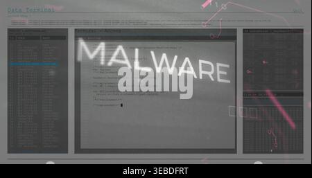 Displaying central terminal window showing code on display, with MALWARE watermark and ID or PASS li Stock Photo