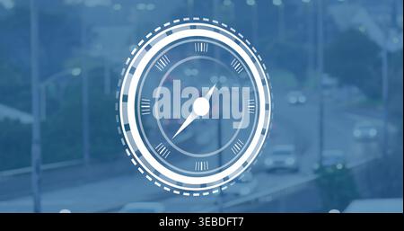 Displaying white circular compass HUD overlaying center of blurred highway, showing cars Stock Photo