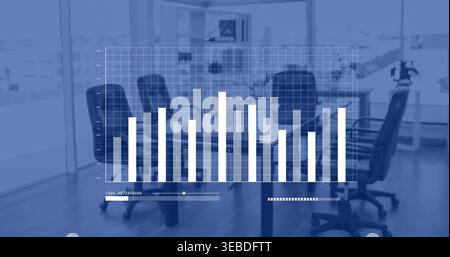 Displaying translucent white bar chart HUD over long conference table in office, with black chairs Stock Photo