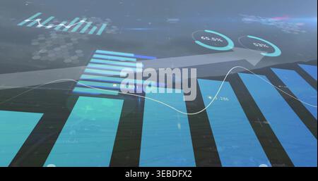 Displaying dashboard showing angled blue teal bars tracing trend line and donut stats onscreen Stock Photo