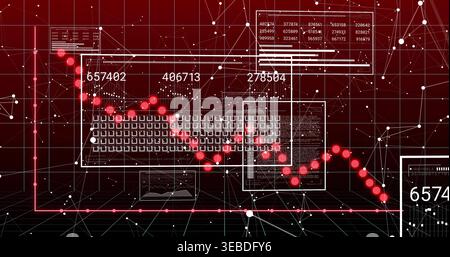 Displaying central data graphic in virtual dashboard, showing keyboard matrix, red markers, network Stock Photo