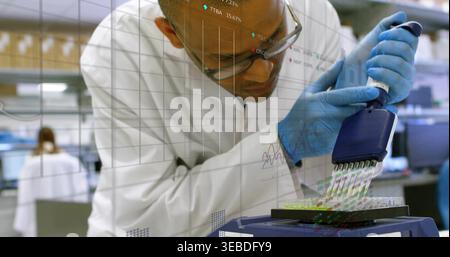 Pipetting lab tech in lab coat, glasses, blue gloves using multichannel pipette into microplate Stock Photo