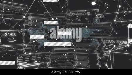 Displaying central node cluster with floating panels, connecting lines and hatched bars in 3D space Stock Photo
