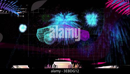 Displaying wireframe passenger car rotating on neon stage, with magenta grid and fireworks Stock Photo