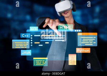 A professional software engineer immersed in virtual reality, utilizing various programming languages to create innovative applications and enhance Stock Photo