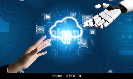 AI artificial intelligence optimizes cloud infrastructure with virtual assistants and intelligent automation, improving scalability, security, and Stock Photo