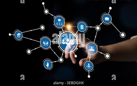 This image showcases a hand reaching towards a series of circular icons representing digital connections and interactions, symbolizing technology and Stock Photo