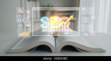 SEO concept for improving SEO visibility, with SEO related digital tools and SEO performance icons shown in an focused layout for strategic marketing Stock Photo