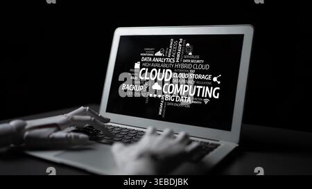 A robotic hand interacts with a laptop displaying cloud computing elements, emphasizing data analytics, security, and modern technology solutions for Stock Photo