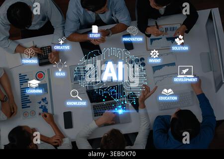 Collaborative Office Environment Showcasing AI Concepts with Brainstorming, Learning, Innovation, and Creative Ideas in a Modern Workspace Quark. Stock Photo