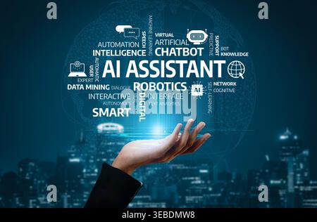 A hand reaches out towards a visual representation of AI technology, showcasing concepts like automation, intelligence, and robotics with a modern Stock Photo