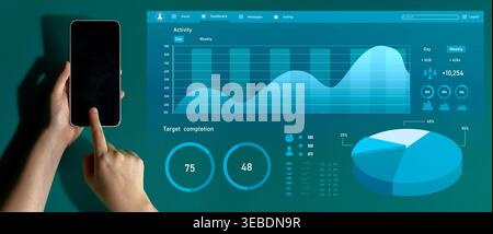 A hand interacts with a smartphone displaying data visuals, including charts and graphs. The image represents modern analytics and performance Stock Photo