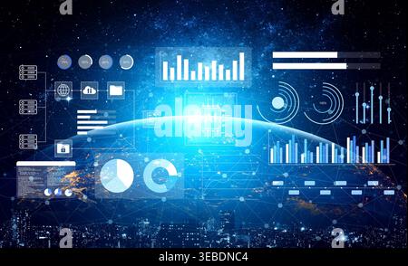 Dynamic visualization of data analytics showcasing charts and graphs over a modern cityscape. Perfect for themes of technology, innovation, and Stock Photo