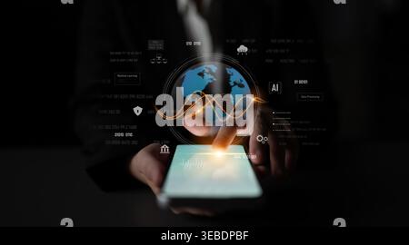 Global AI and data processing system enhances data, AI, and processing efficiency through digital network and global integration of intelligent Stock Photo