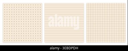 Set of seamless cream paper patterns featuring small brown dots, horizontal notebook lines, and square grid textures on off-white backgrounds Stock Vector