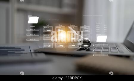 Project management system showing workflow stages, task progress, and review status. Task progress tracks completion, task progress improves workflow Stock Photo