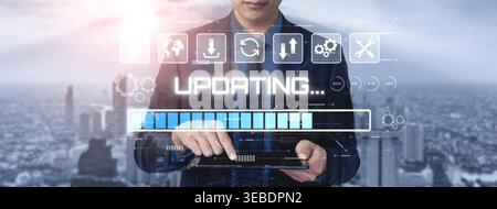 Knowledge upgrade and software updates support digital skills growth, competitiveness, and continuous learning to stay current with new tech trends Stock Photo