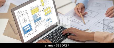 UX UI design process for brisk mobile application and website . Creative prototype of wireframe for professional app developer . Stock Photo