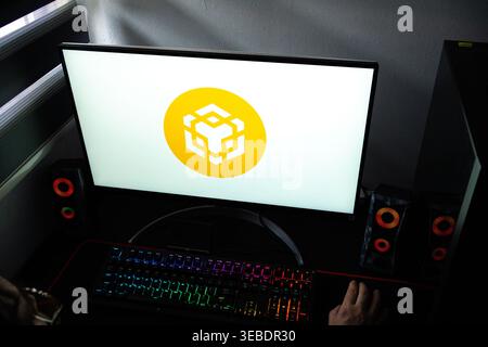 A person at a desk with the BNB cryptocurrency logo displayed on a computer monitor Stock Photo