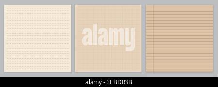 Set of seamless kraft paper patterns with dashed lines, square grid textures, and horizontal notebook lines on beige backgrounds Stock Vector