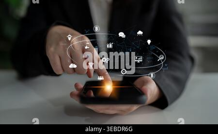 Digital business ecosystem integrating multiple business, ecosystem, and technology elements in a seamless digital network Latch Stock Photo