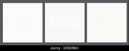 Set of seamless minimalist paper patterns with grey dots, horizontal lines, and square grid textures on white backgrounds Stock Vector