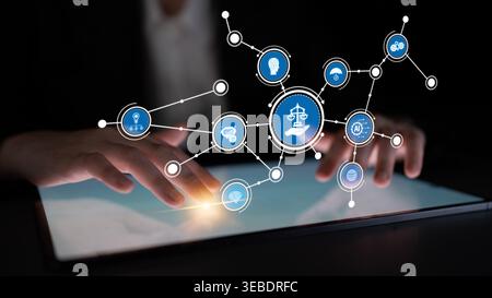 Explore the intersection of law and technology with interconnected icons demonstrating innovation in legal services through digital interfaces and Stock Photo