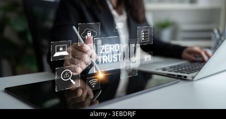Zero trust model enhances data protection. Zero trust blocks unauthorized access, secures devices, zero trust defends networks, and zero trust Stock Photo