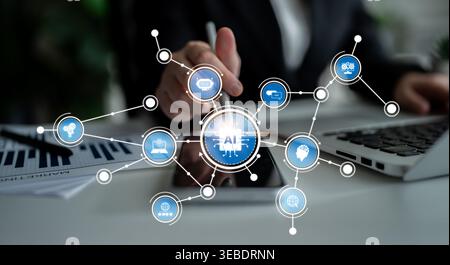 A business professional is engaging with advanced artificial intelligence technology while analyzing data on a sleek office desk, embodying modern Stock Photo