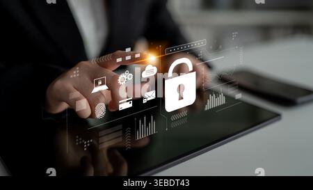 Digital cyber security lock system highlighting data security encryption, cyber password protection, fingerprint ID, cloud storage safety, and cyber Stock Photo
