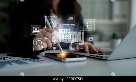 Zero trust model enhances data protection. Zero trust blocks unauthorized access, secures devices, zero trust defends networks, and zero trust Stock Photo