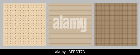 Set of seamless vintage paper patterns with brown dots, horizontal lines, and square grid textures on beige and tan backgrounds Stock Vector