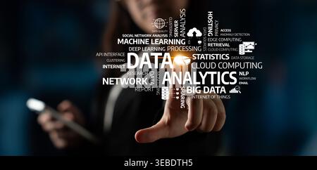 A professional illustrates data analysis through a touchscreen interaction. The image showcases a word cloud emphasizing key terms in data science and Stock Photo