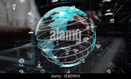 This image features a 3D globe with a digital network overlay, showcasing technology connectivity symbols, representing the future of global Stock Photo