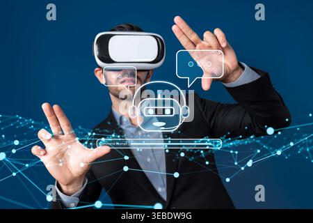 Experience the future of technology with a virtual reality scene showcasing generative AI, command prompts, and chatbot engineering, highlighting Stock Photo