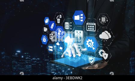Cloud backup system connects devices through a secure data backup network. Data backup ensures protection, data backup reliability, and recovery Stock Photo