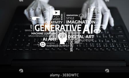 A close-up view of hands typing on a laptop surrounded by concepts related to generative AI, illustrating creativity and innovation in the digital art Stock Photo