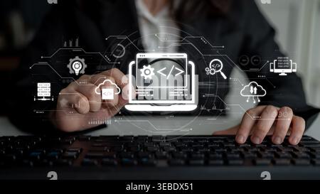 Modern web development concept featuring coding symbols, web development process, web development interface, and web development tools with futuristic Stock Photo