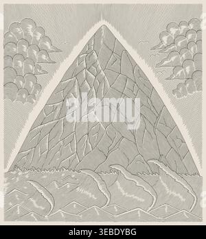 Mountain with cloud and sea wave, Vintage engraving drawing style illustration Stock Vector