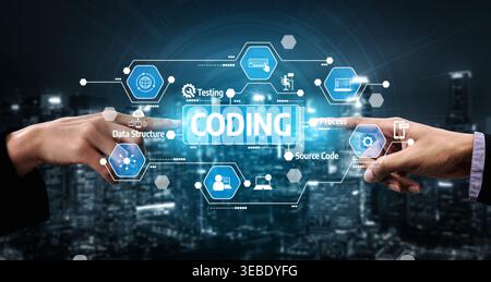 Two hands reaching towards a glowing interface showcasing coding elements like data structure and testing in a high-tech cityscape, symbolizing Stock Photo