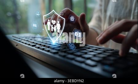 Concept of comprehensive insurance coverage and financial planning. A policy that provides life, health, and asset protection for a family's security Stock Photo