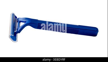One blue shaver or razor blade is isolated on white background with clipping path. Stock Photo