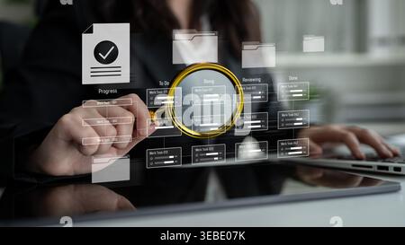 Task management workflow dashboard visualizing to-do lists, ongoing tasks, review status, and completed items to support productivity and project Stock Photo