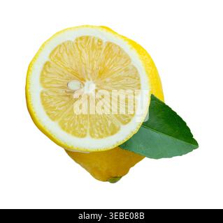 Front view of ripe yellow lemon fruit with half or slice in circle shape and green leaf in stack is isolated on white background with clipping path. Stock Photo